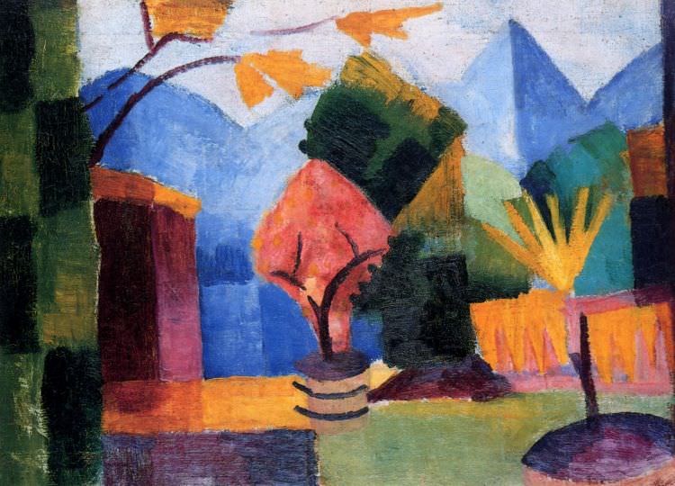 Der deutsche Maler August Macke malten 1913 zur Zeit des Kubismus den Garten am Thuner See in Öl auf 49 × 65 cm Leinwand.