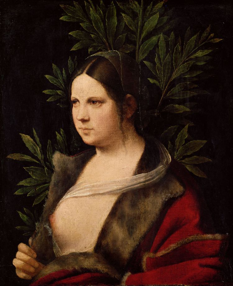 Der italienische Maler Giorgione malte 1506 das Porträt von Laura di Audiberto di Noves als Bruststueck auf Leinwand auf altem Fichtenholz mit einer Abmessung von 57 x 49,5 cm.