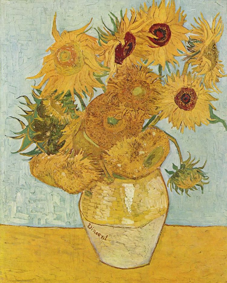 Stilleben mit einer unglaubliche Leuchtkraft der Farben in Öl auf 91 × 72 cm Leinwand aus dem Jahr 1888 von Vincent Willem van Gogh. Abgebildet sind 12 Sonnenblumen in einer Vase.