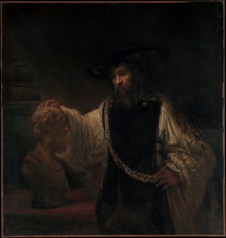 Rembrandt malte 1653 für den sizilianischen Aristokraten Ruffo die historische Halbfigur des grischichen Philosophen Aristoteles in Öl auf eine 143,5 x 136,5 cm große Leinwand.