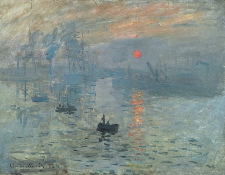 Der französische Maler Oscar-Claude Monet malte 1872 das Landschaftsgemälde mit dem Titel 'Impression Sonnenaufgang' zur Zeit des Impressionismus in Öl auf 48 × 63 cm Leinwand.