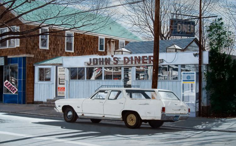 Das fotorealistische Ölgemälde John's Diner with John's Chevelle wurde 2007 von John Baeder auf 76x122 cm Leinwand gemalt.
