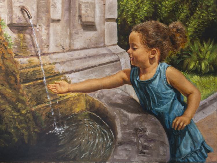 Öl auf Leinwand von einem kleinen Mädchen am Wasser eines Brunnens.