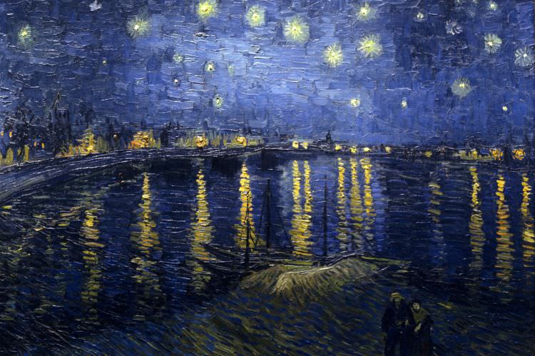 Der niederländischer Maler Vincent Willem van Gogh malte 1888, zur Zeit des Post-Impressionismus, das leuchtende Landschaftsgemälde 'Sternennacht über der Rhone' in Öl auf 72,5 × 92 cm Leinwand.