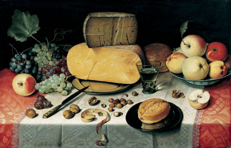 Mahlzeitstillleben mit Nüssen, Früchten und Käse von Floris van Dijck, einem nordniederländischer Maler und Zeichner. Das Ölgemälde wurde 1613 in Öl auf eine 49,5 × 77 cm große Leinwand gemalt.