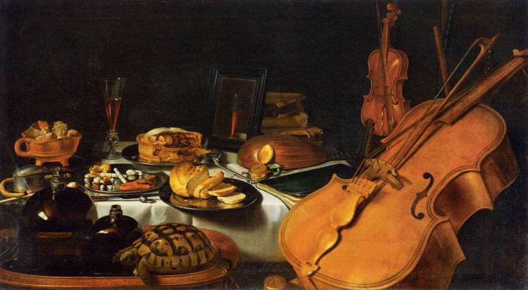 Das Stillleben mit Rauchwerkzeug und Musikinstrumenten wurde 1623 von Pieter Claesz in Öl auf 69 x 122 cm Leinwand gemalt und vereint eine Vielzahl von verschiedenen Stilllebenarten, die sich in den Niederlanden des 17. Jahrhunderts herausbildeten.