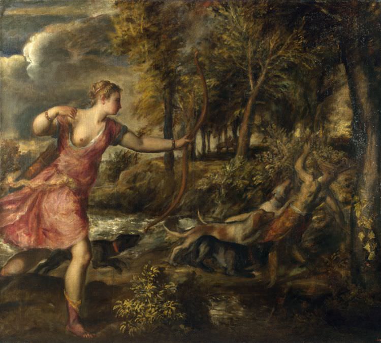 'The Death of Actaeon' wurde zwischen 1559 und 1575 von Tiziano Vecelli gemalt. Das Ölgemälde ist 178.4 cm x 198.1 cm groß.