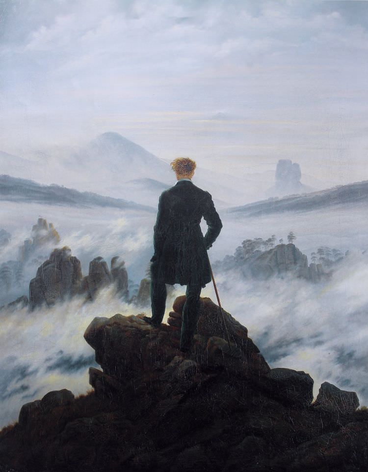 Das Ölgemälde 'Der Wanderer über dem Nebelmeer' wurde 1818 zur Zeit der Romantik vom deutschen Maler Caspar David Friedrich in Öl auf 98 × 74 cm Leinwand gemalt.